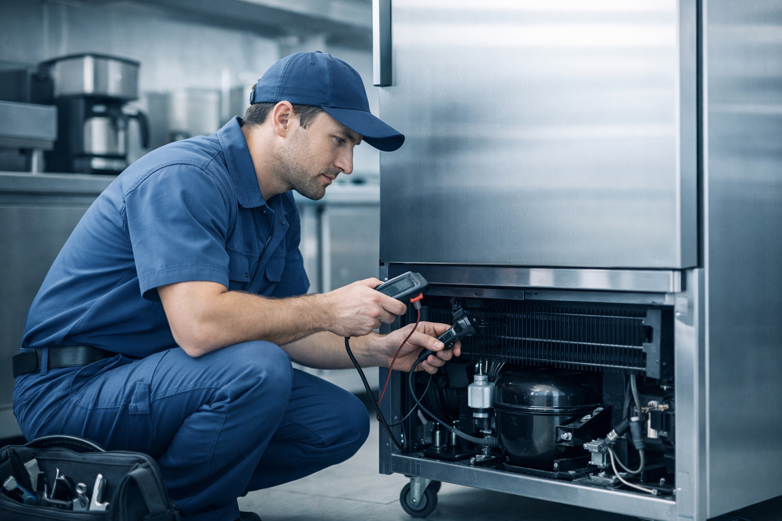 Professional appliance repair technician diagnosing a commercial refrigerator